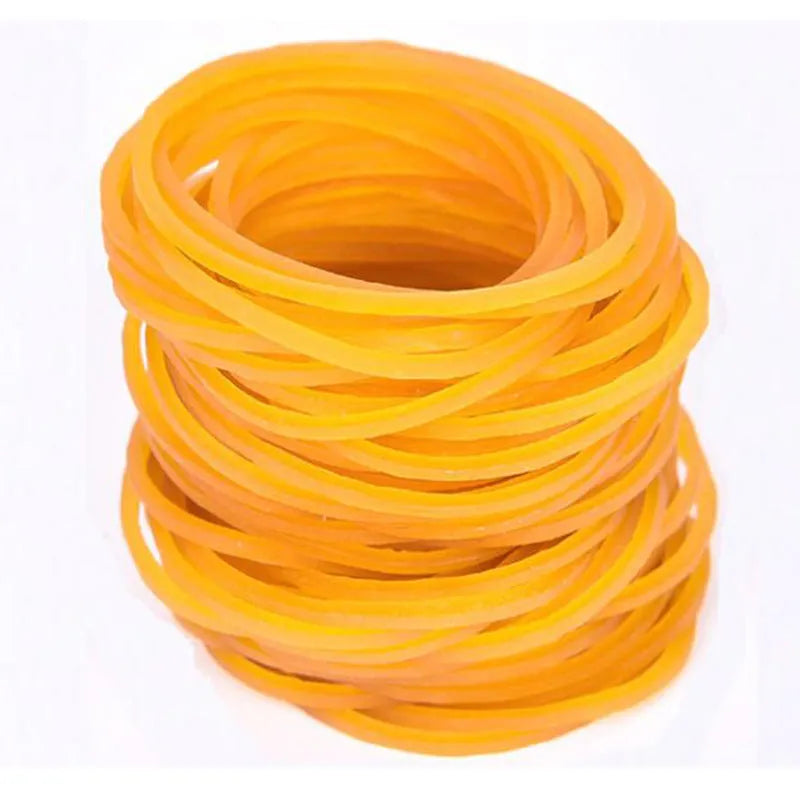 500g bulk pack of assorted bright yellow rubber bands in multiple sizes on a white background.
