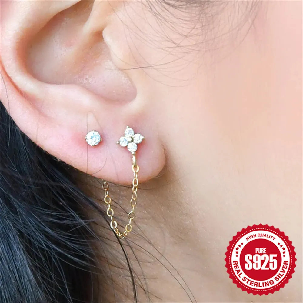 S925 sterling silver geometric flower tassel chain earring ear clip studs in golden colour