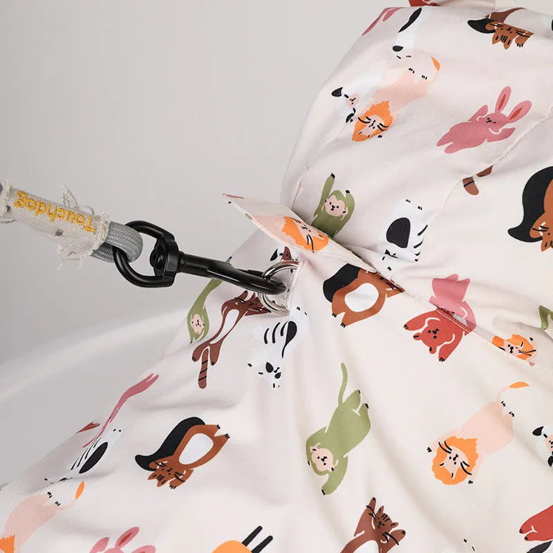 Beige cartoon dog raincoat with double waterproof coating in multiple sizes