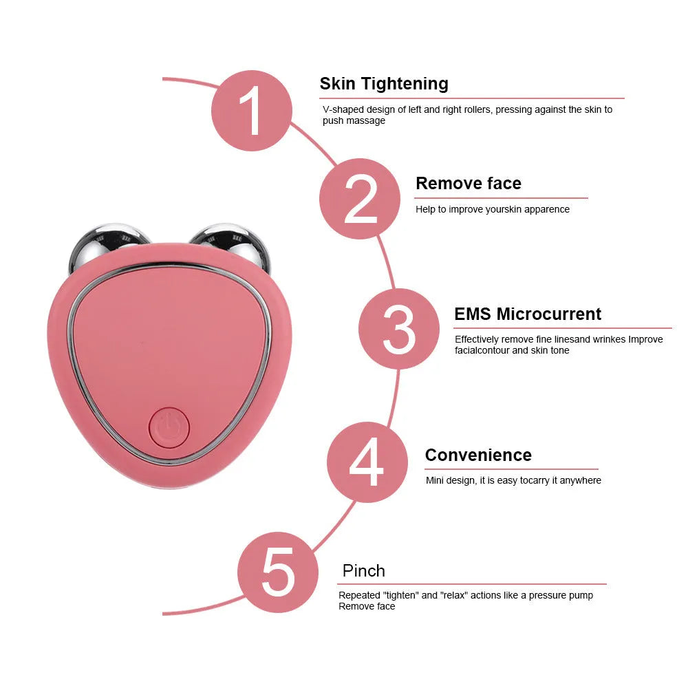 Micro-current beauty instrument in pink with control buttons and compact handheld design
