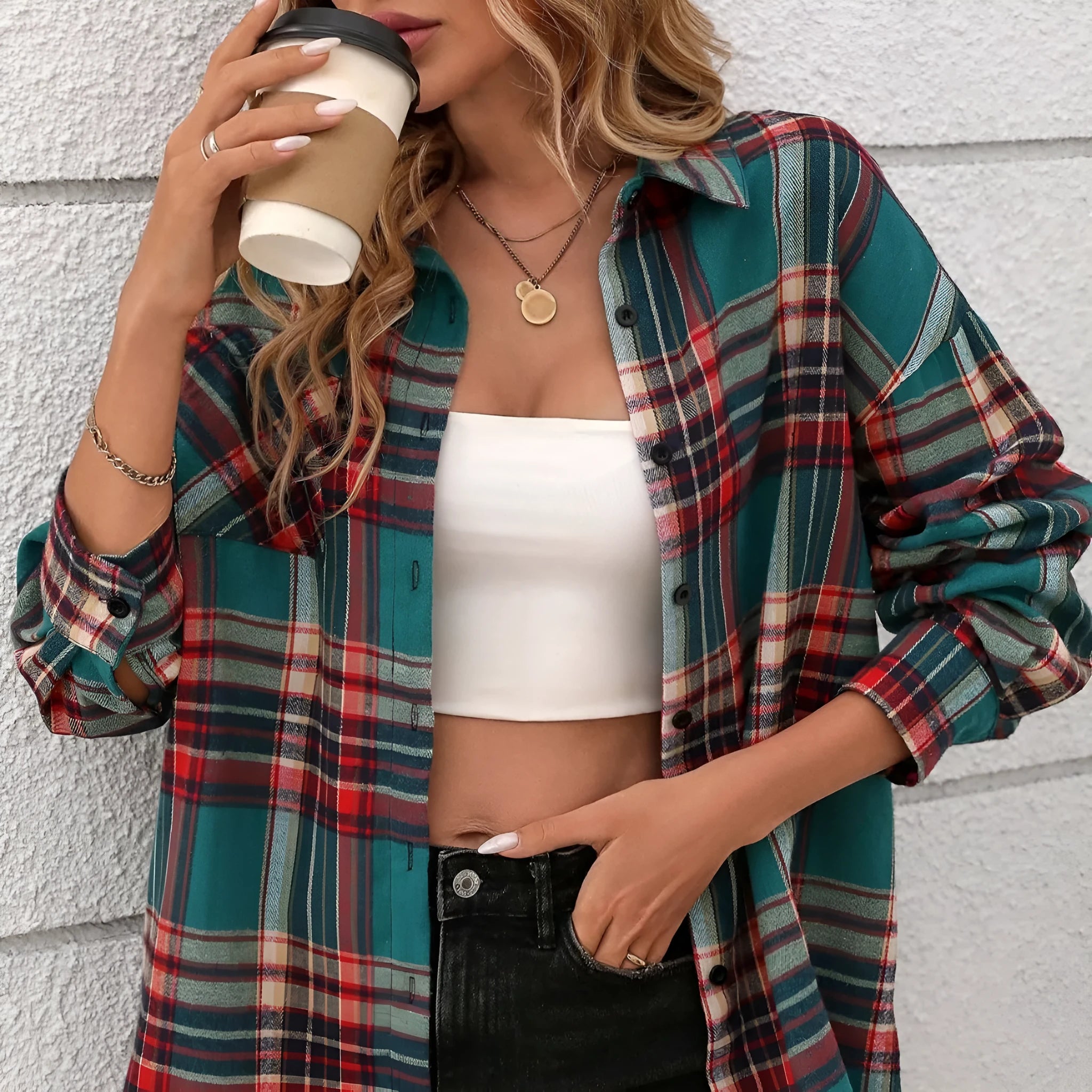 Women's loose-fit retro plaid shirt in cotton with black, green, and purple colour options