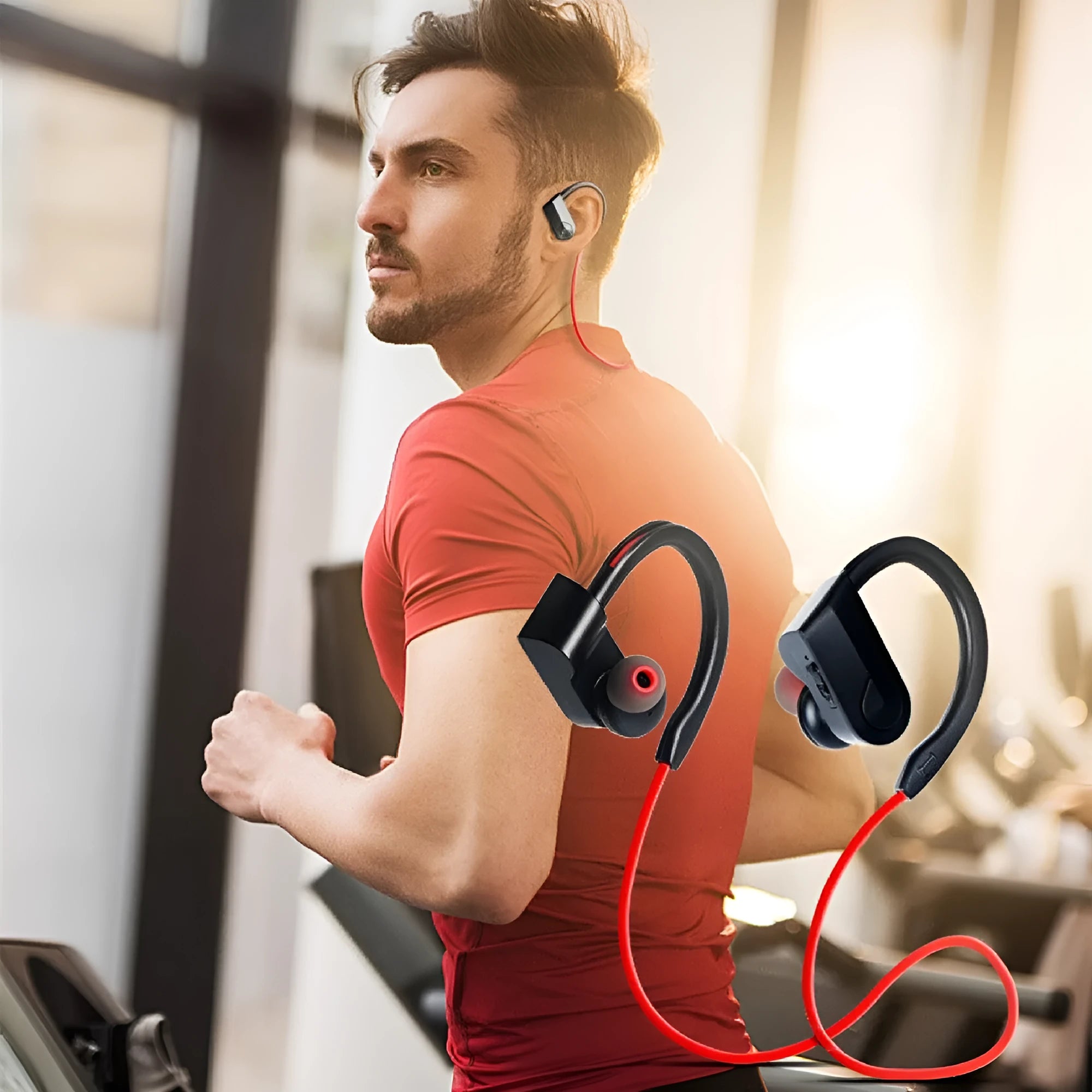 Black wireless neck mounted Bluetooth earphones with behind-the-neck design and magnetic earpieces