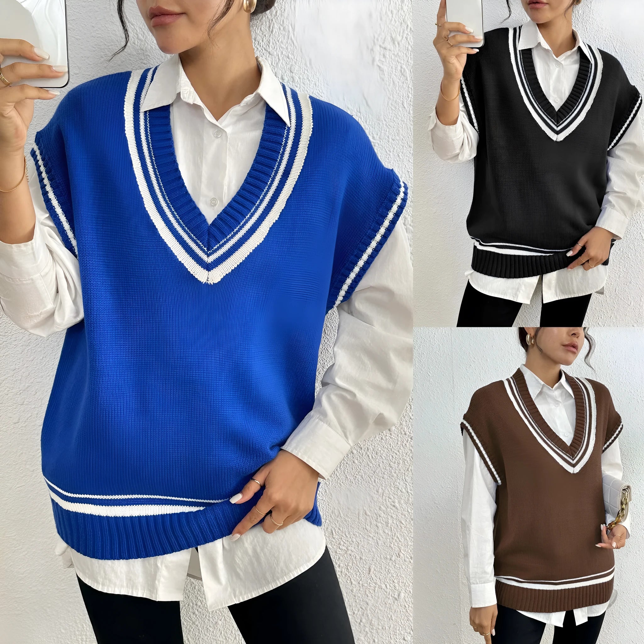 Women's loose fit wool blend vest sweater in blue colour free size pullover