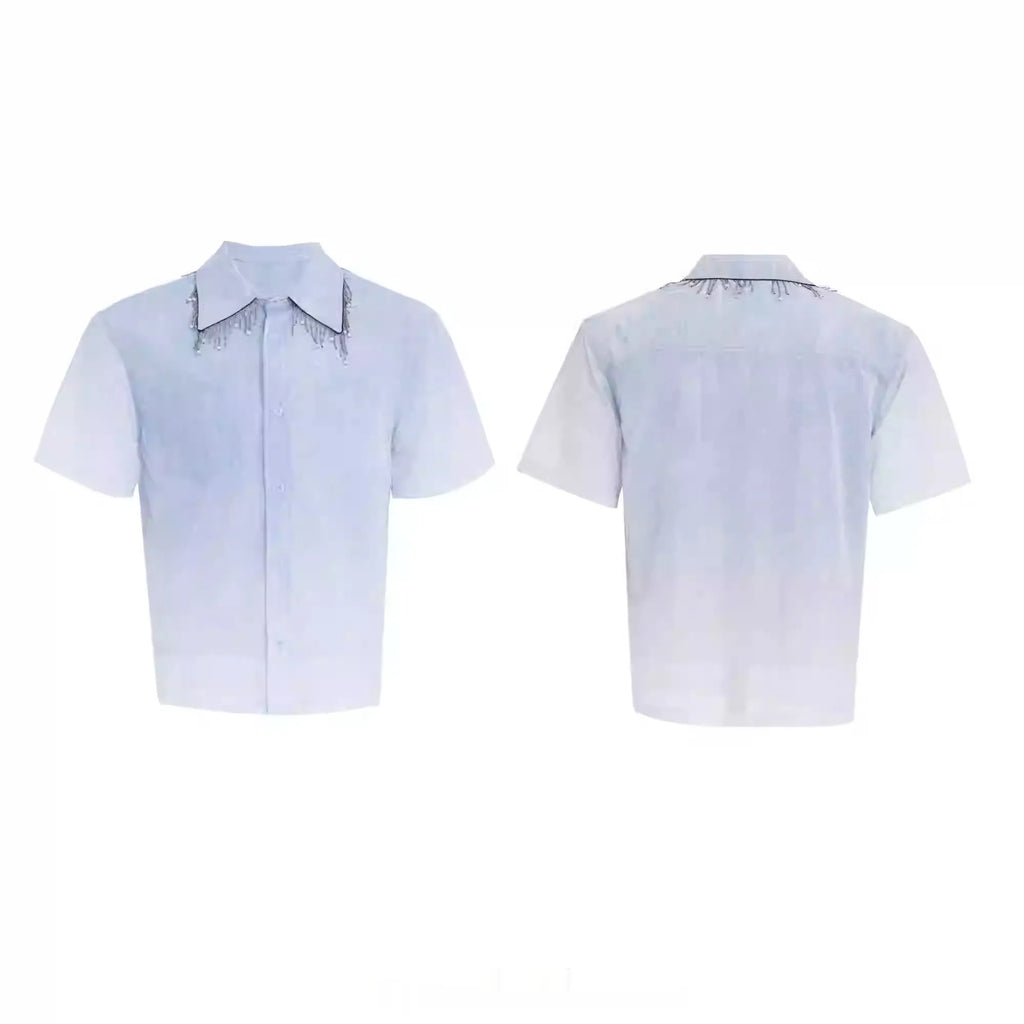 Men's blue and white gradient loose-fit short sleeve shirt on a hanger
