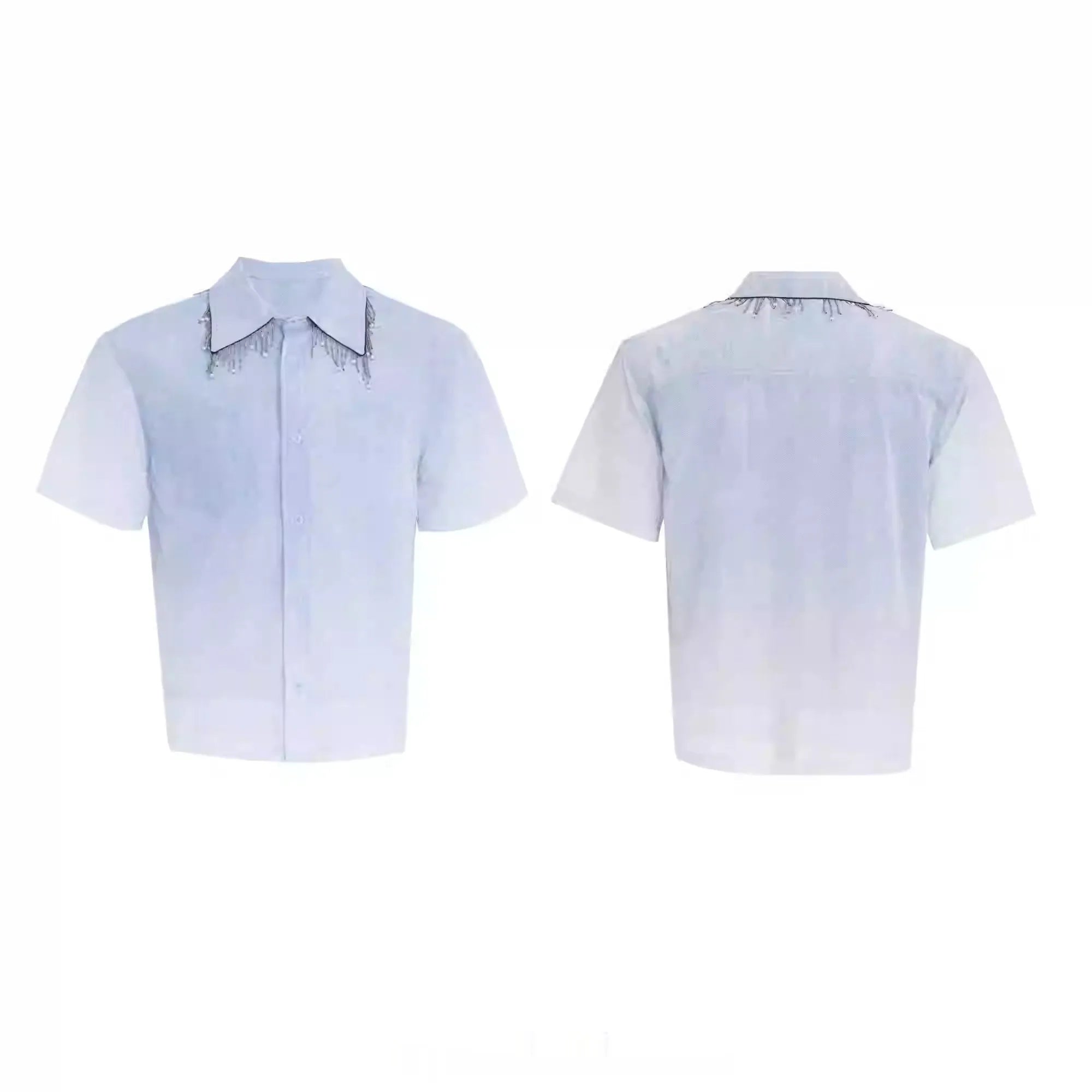 Men's blue and white gradient loose-fit short sleeve shirt on a hanger