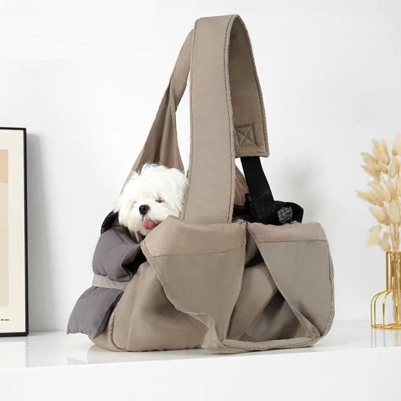 Apricot colour cloth pet carrier handbag with breathable mesh for a cat or small dog.