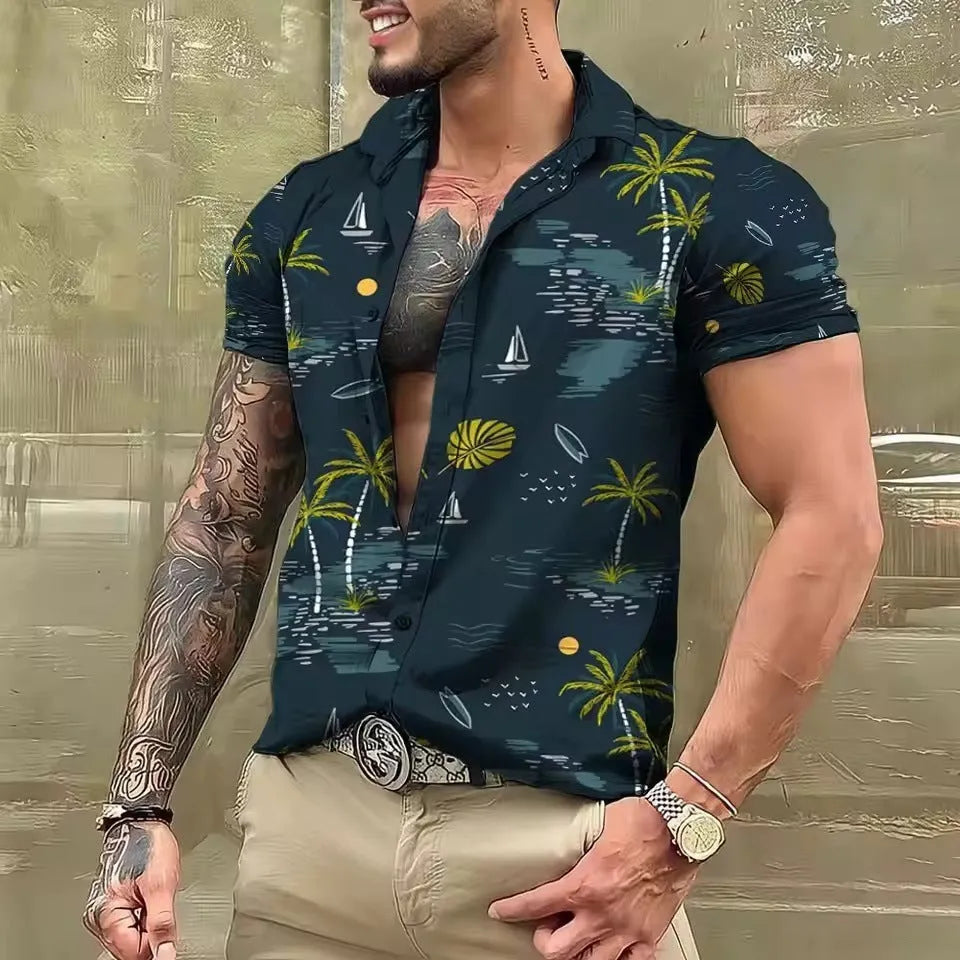Men's floral printed short sleeve shirt in loose cardigan style for summer beach wear