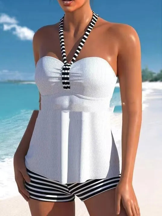 Women's off-shoulder striped swimsuit in black and white colours with briefs style