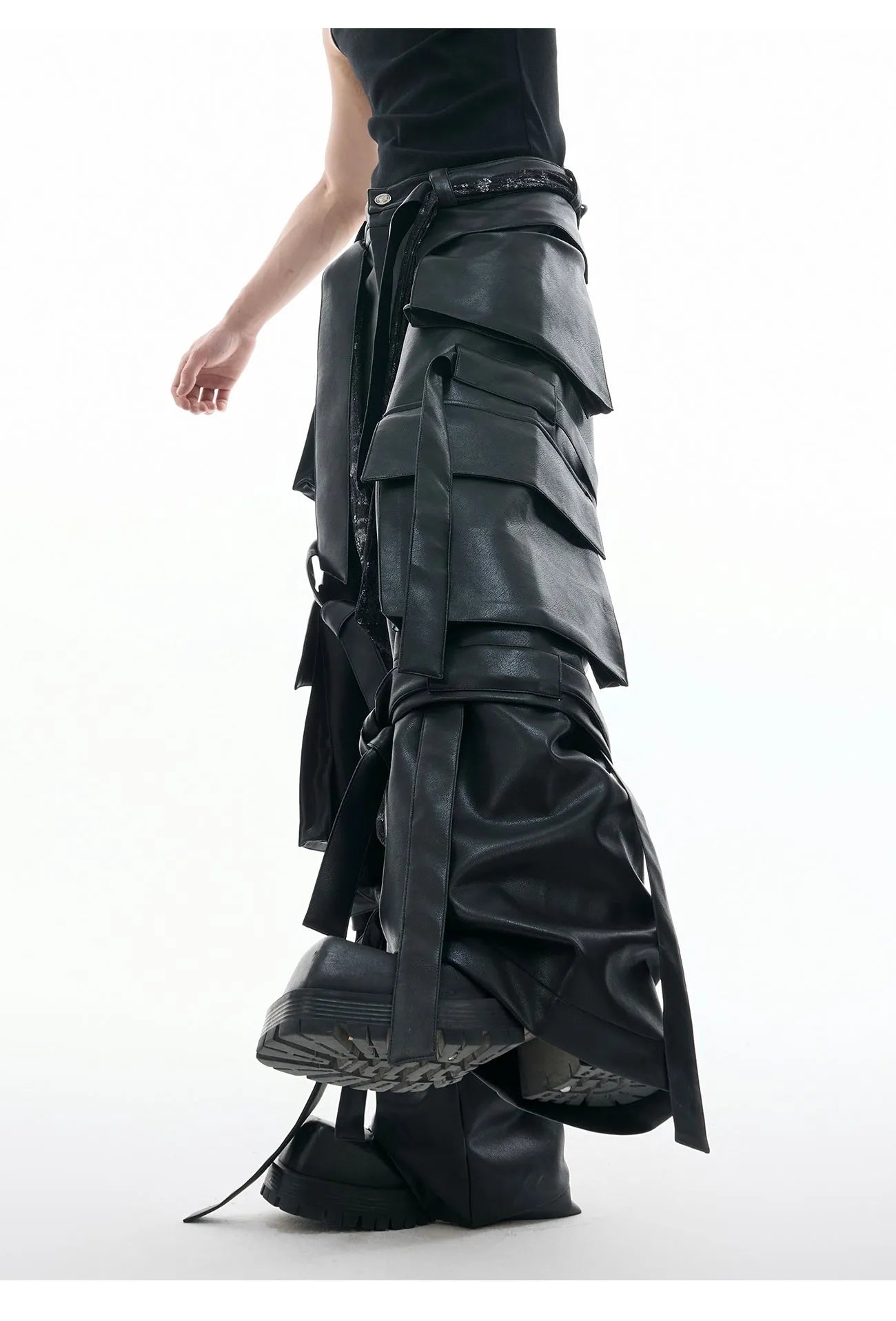 Men's black quilted loose fit trousers with ribbon stitching and multiple pockets