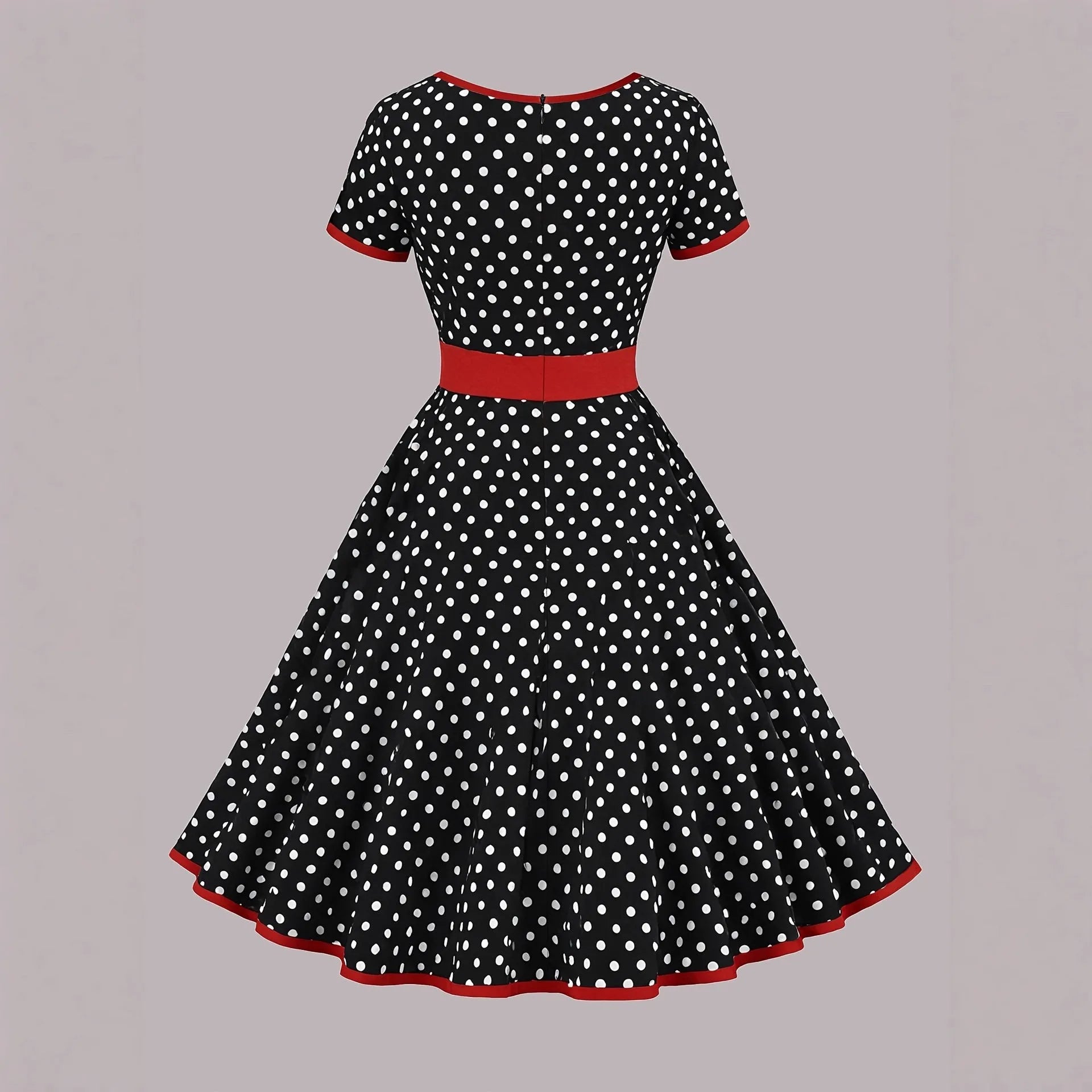 Women's mid-length polka dot dress with square collar, front zip, and pleated skirt