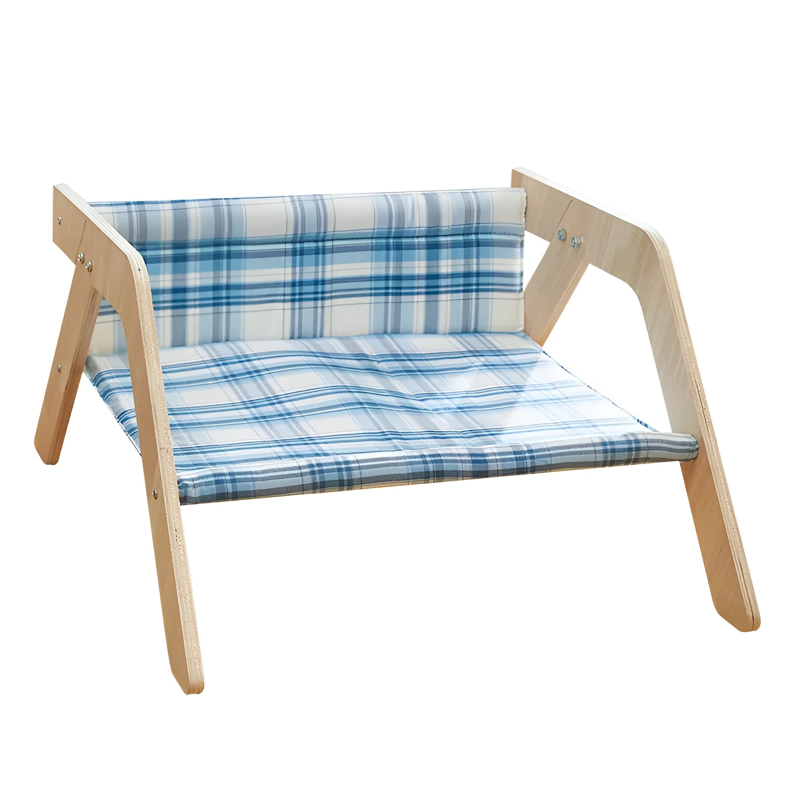 Wooden frame cat hammock bed with soft blue cloth on a wooden beach chair structure