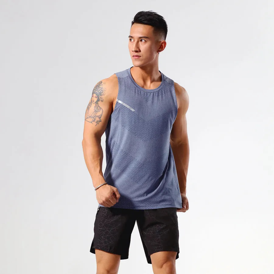 Men's solid colour quick-drying sports tank top in a polyester blend fabric.