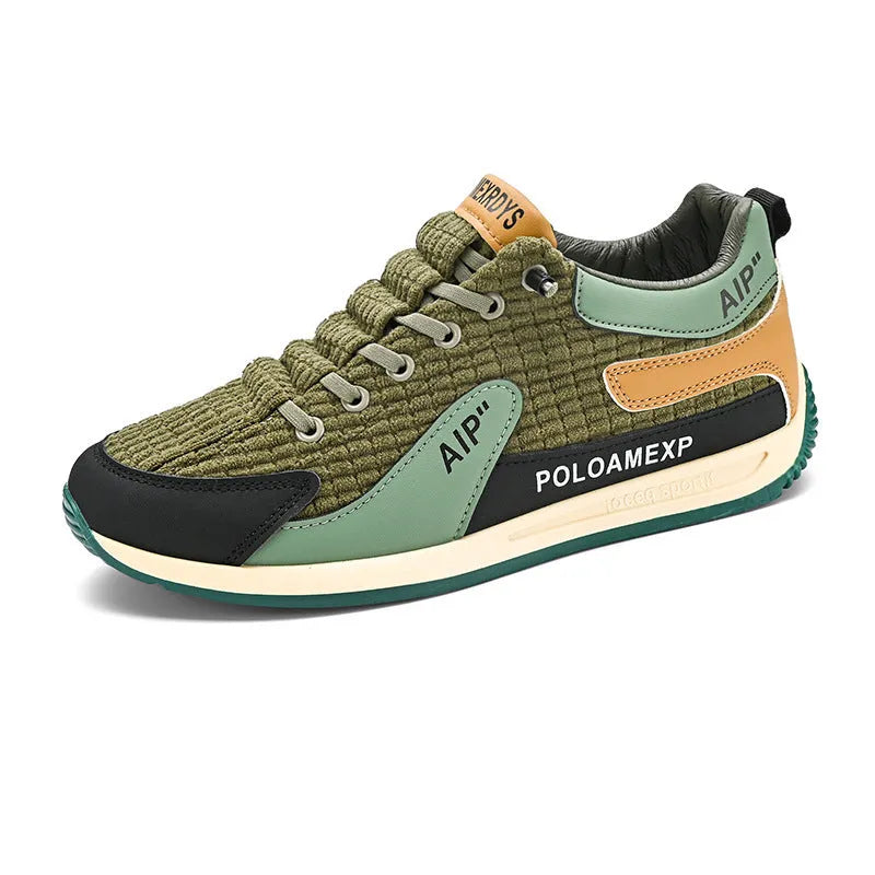 Men's grey and green mesh running shoes with lace-up closure and round toe design