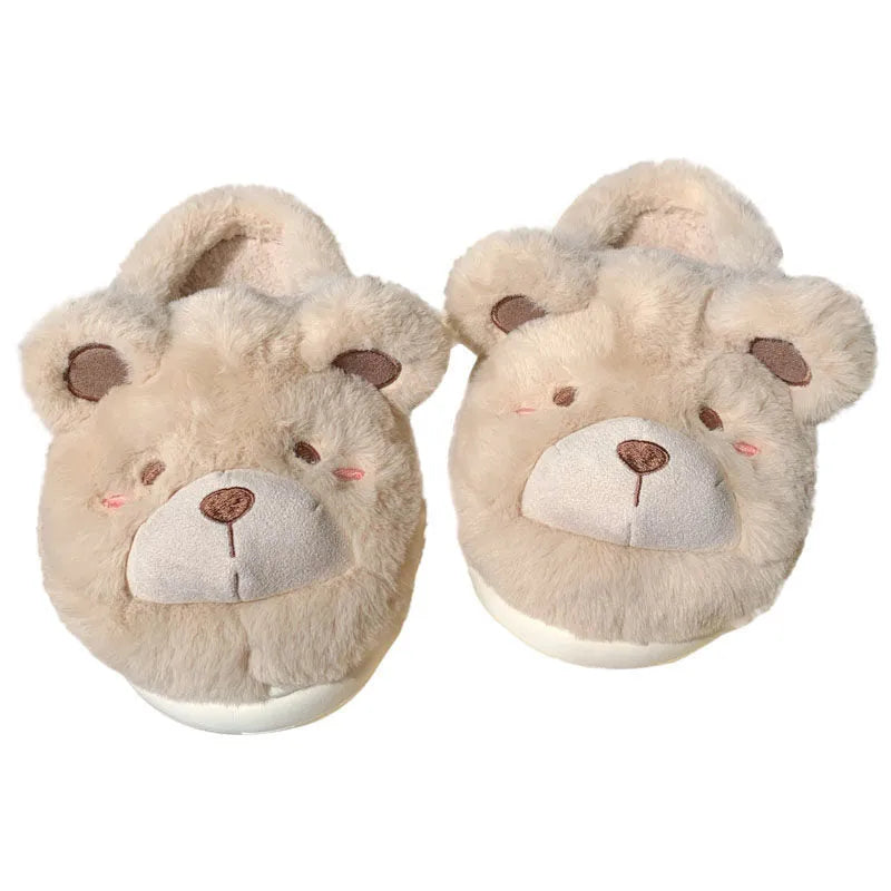 Women's cartoon cute plush slippers in khaki colour with suede upper and round toe.