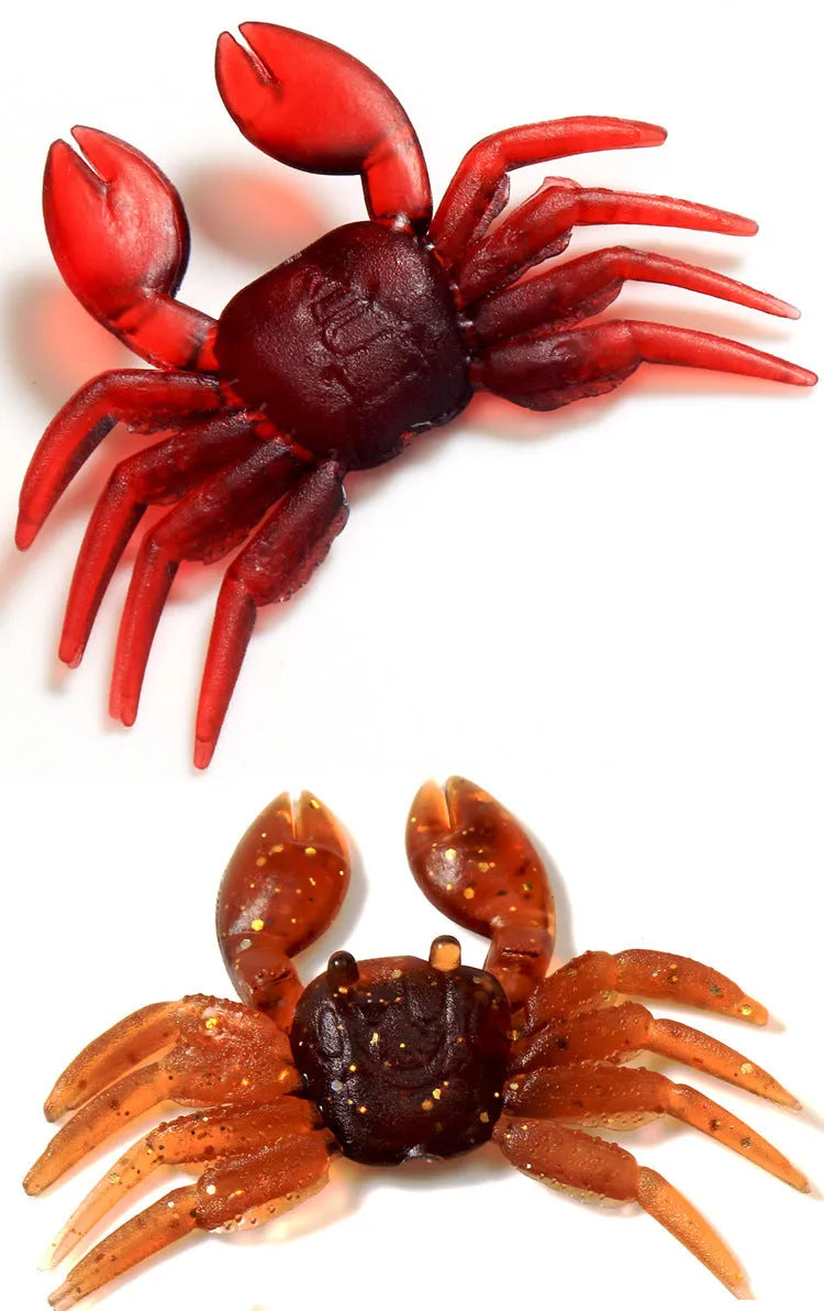 PVC soft crab fishing lure measuring 8cm in brown and red colour variations