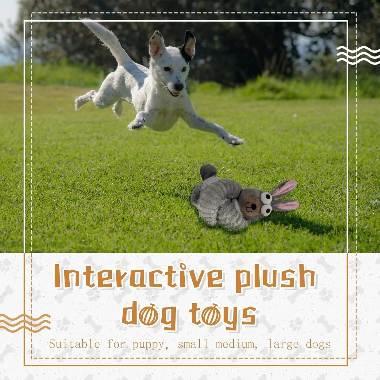 Plush squeaky dog toy with crinkle sounds and foldable design in brown, grey, and yellow colours