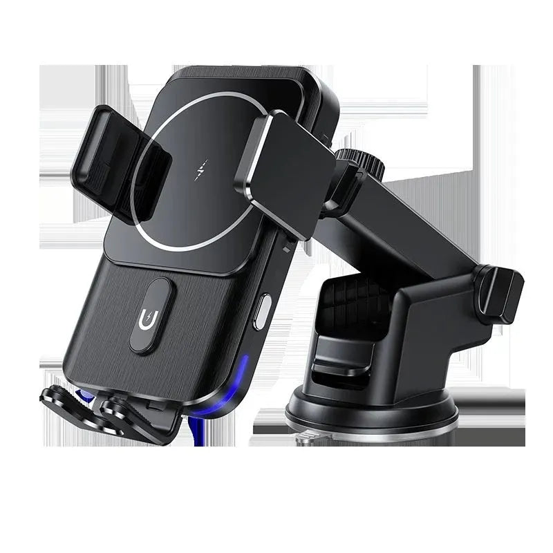 Black car wireless charger mobile phone holder with 15W fast charging featuring suction cup and clip bracket options