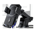 Black car wireless charger mobile phone holder with 15W fast charging featuring suction cup and clip bracket options