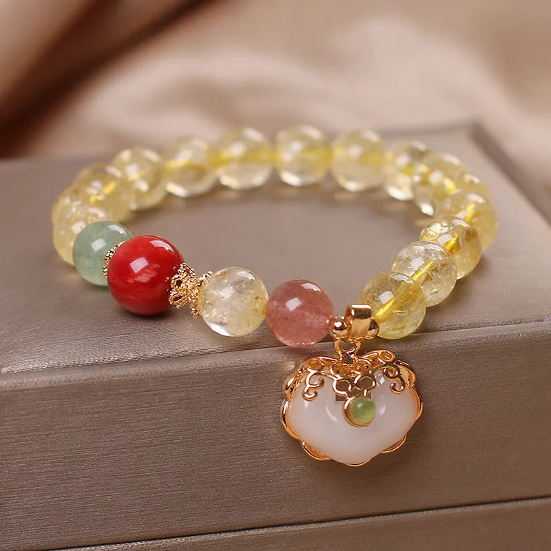 Yellow hair crystal jade ruyi pendant bracelet with natural citrine stones in alloy setting