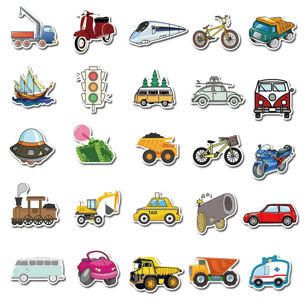 40 cartoon vehicle graffiti stickers including cars and excavators in a waterproof adhesive design