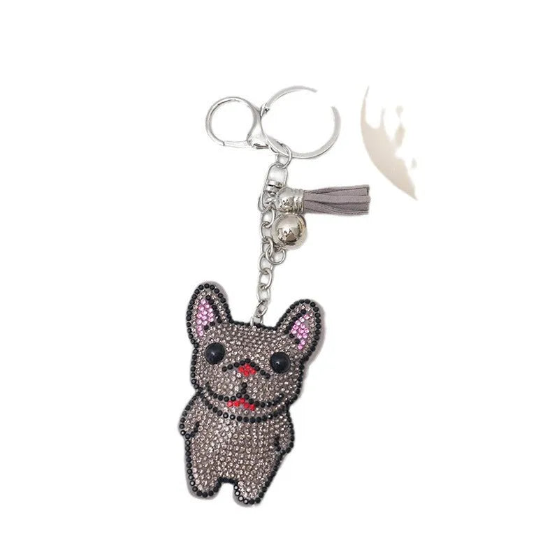 Rhinestone dog bear pig cartoon animal alloy keychain in caramel, grey, lake blue or white colours, 5-7 cm.