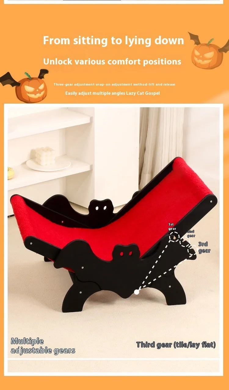 Black and red wooden cat recliner bed with bat design for Halloween theme