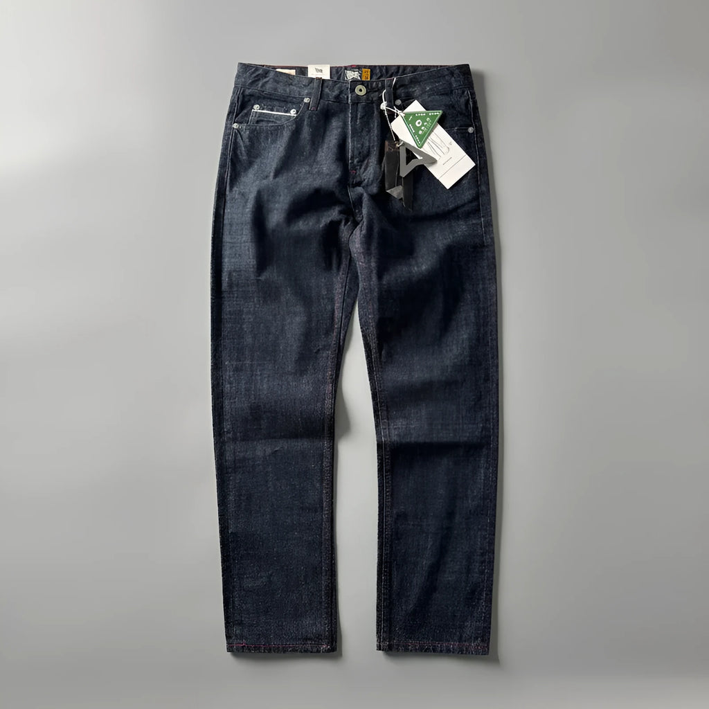 Men's straight-leg denim trousers in primary colour with American retro styling and mid-waist design