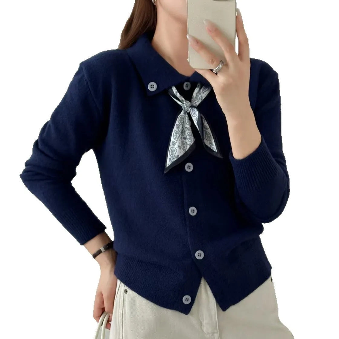 Lazy fashion cardigan sweater with lapel scarf collar in acrylic fabric