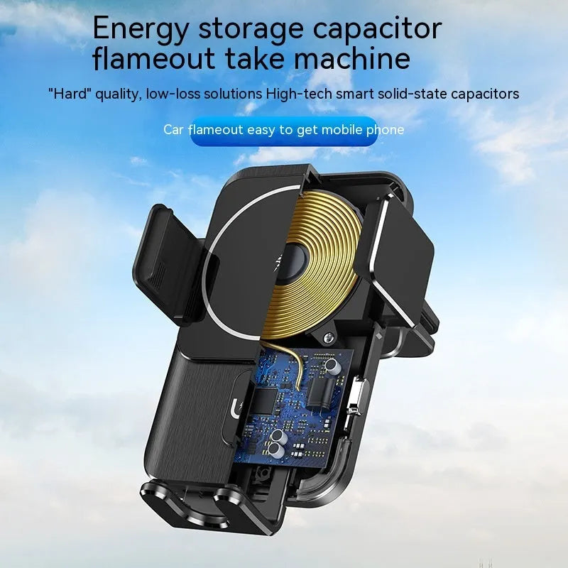 Black car wireless charger mobile phone holder with 15W fast charging featuring suction cup and clip bracket options