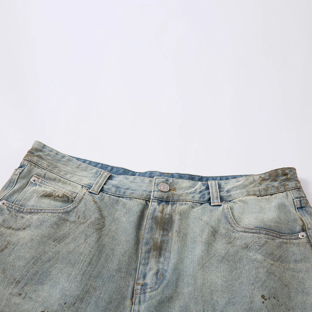 Blue cropped denim trousers with straight-leg cut and washed finish