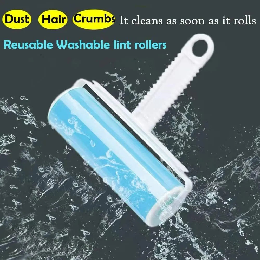 Blue washable reusable lint roller with protective cover for removing pet hair from clothes