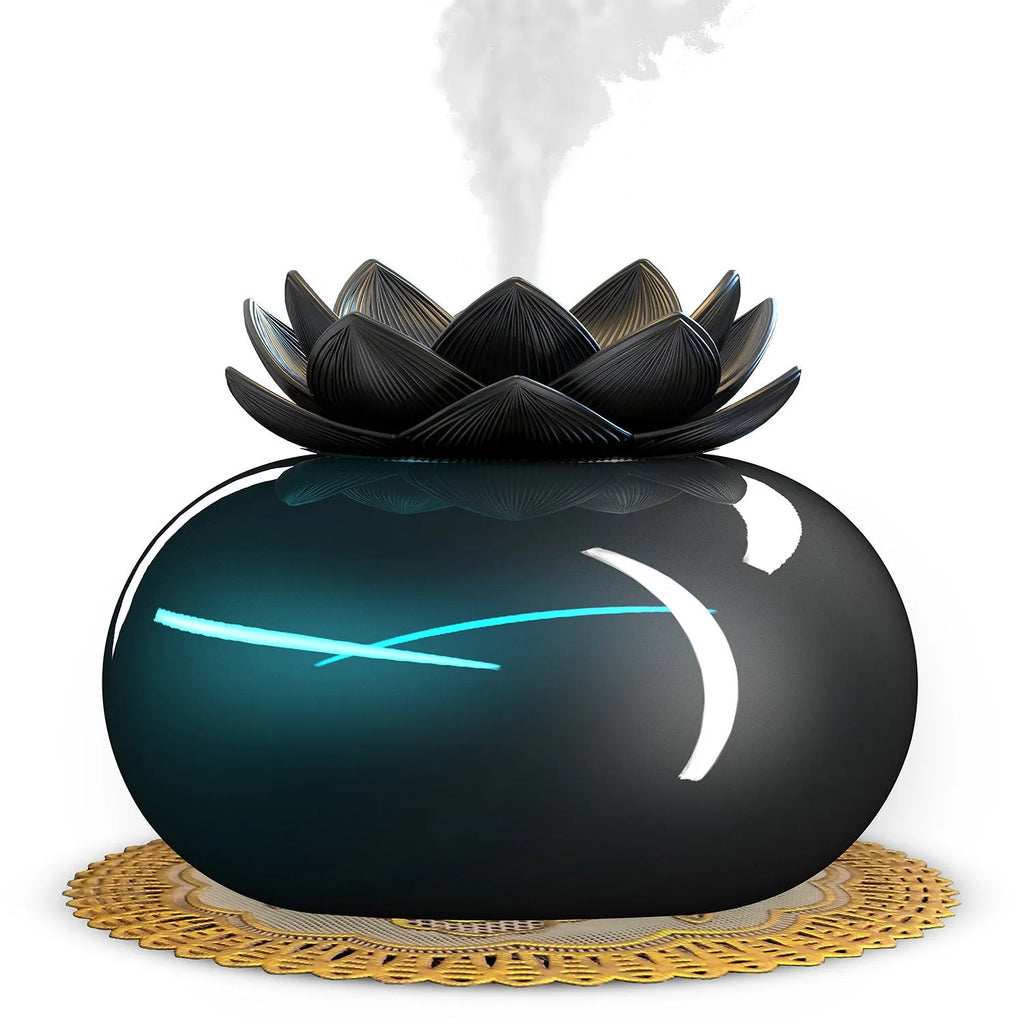 Pure black lotus-shaped ultrasonic humidifier with USB cable and single mist outlet