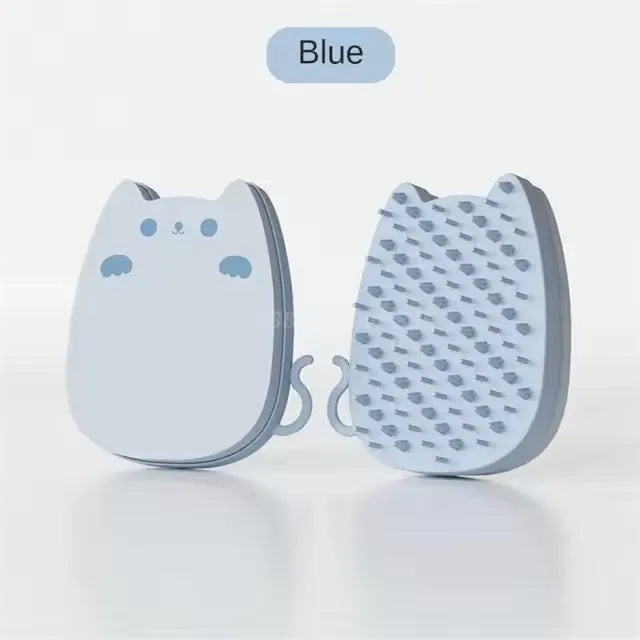 Blue silicone pet grooming comb with dual hardness bristles for cats and dogs