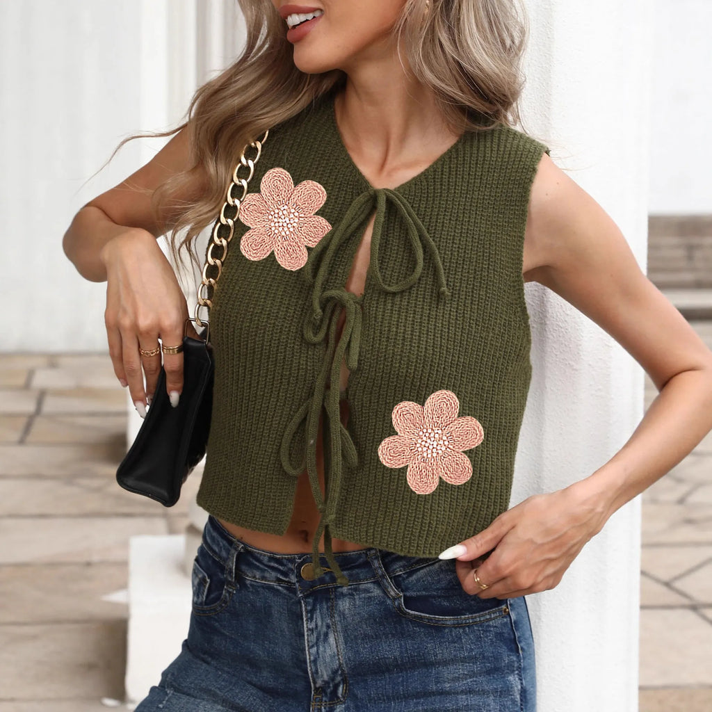White ladies cardigan vest with lace-up bow and apricot flowers on deer plush polyester fabric