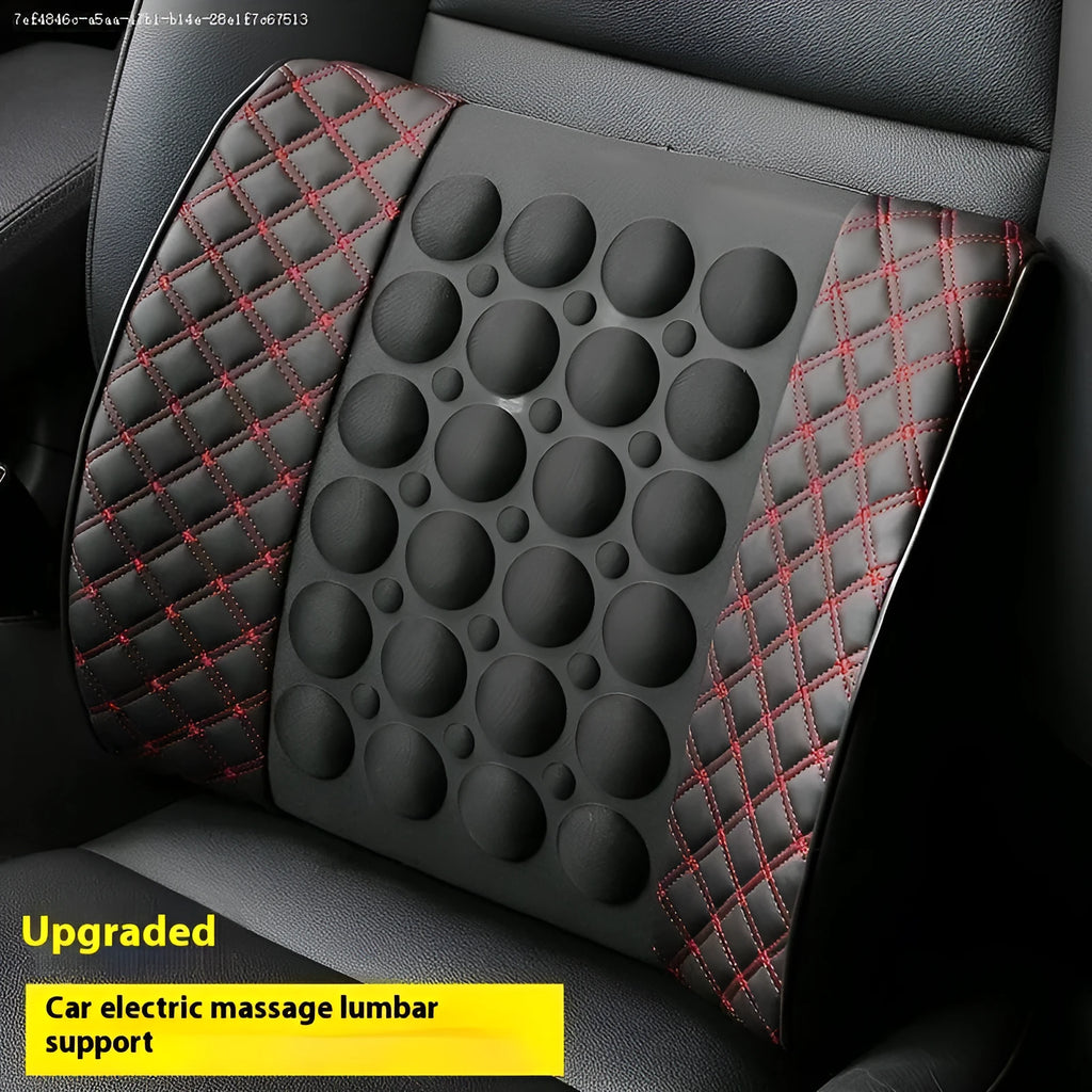Car lumbar support pillow set in red wine colour with black and red trim includes electric massage option