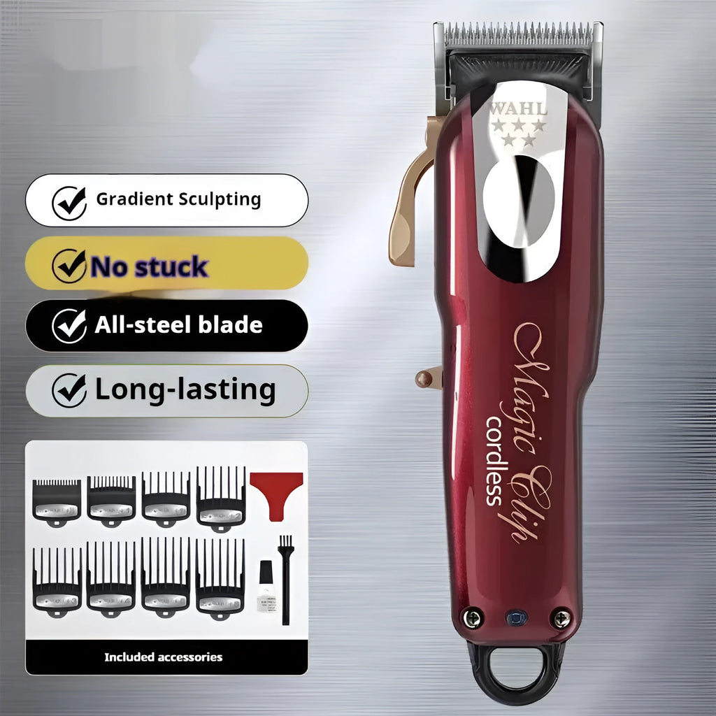 Rechargeable hair clipper for adults and children with stainless steel cutter head, showing EU, UK and US plug options.