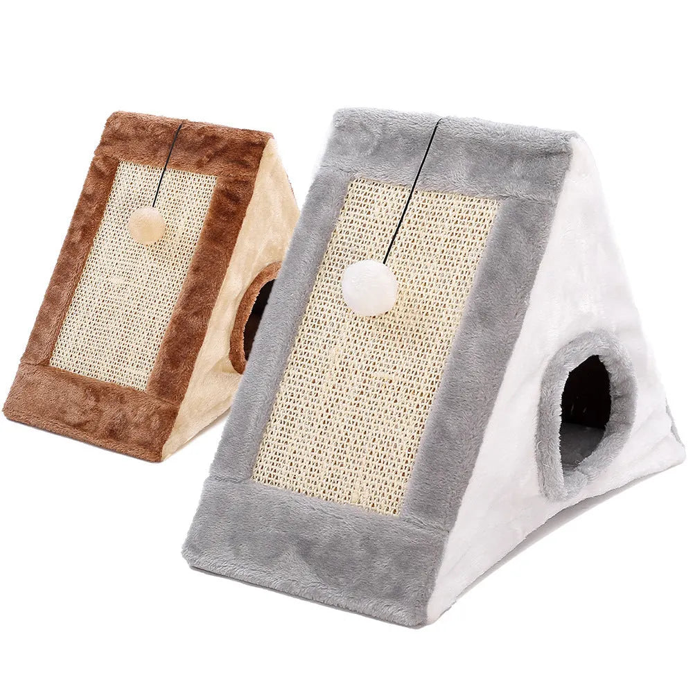Grey and white triangular cat nest bed with a sisal scratching side for cats.