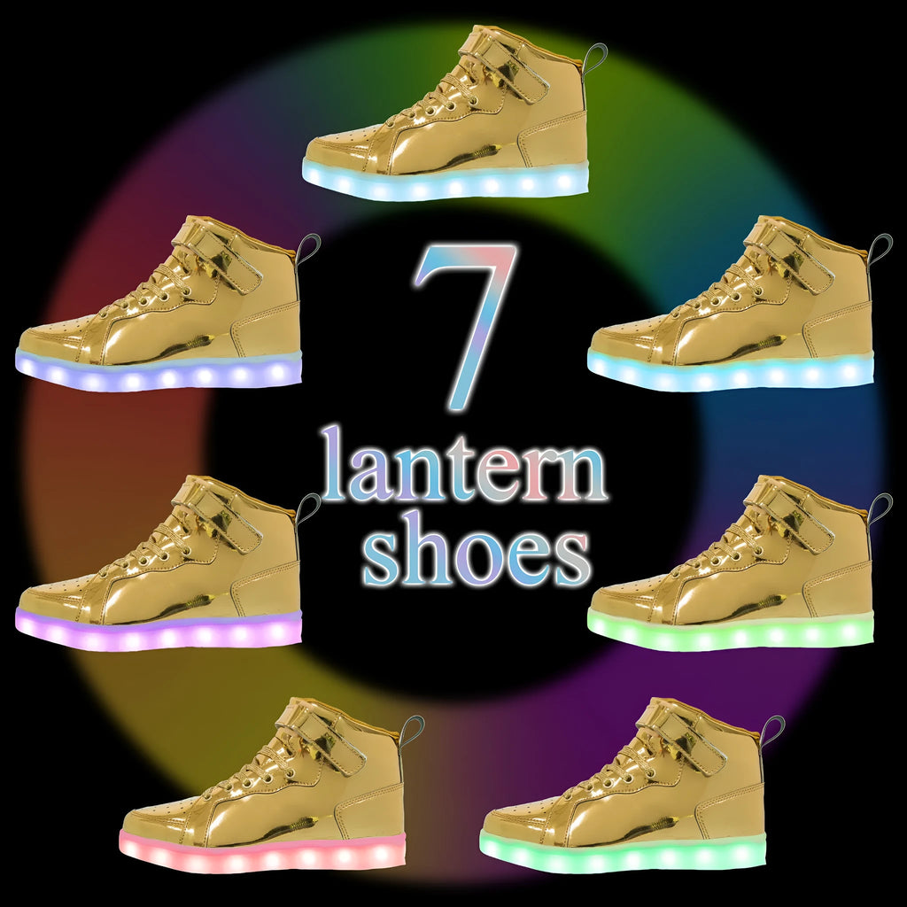 Light-up high-top board shoes with Velcro strap and rechargeable LED lights on display