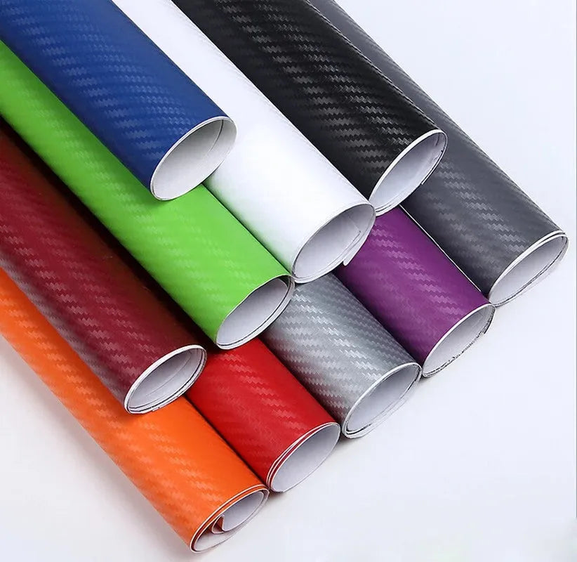 Carbon fibre pattern sticker roll showing eight colour options with 30x127 cm dimensions for car decoration