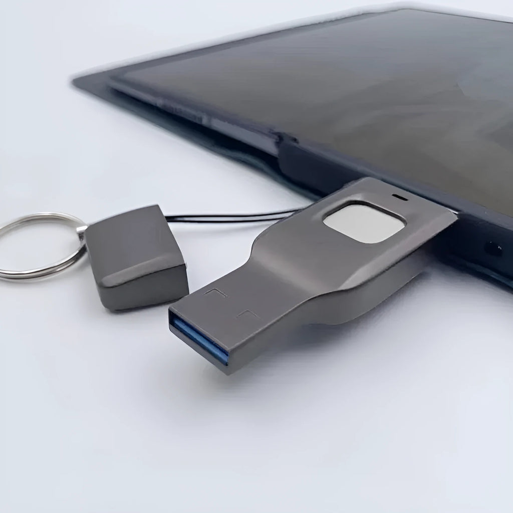 Black fingerprint-encrypted USB flash drive showing USB 3.0 and Type-C connectors