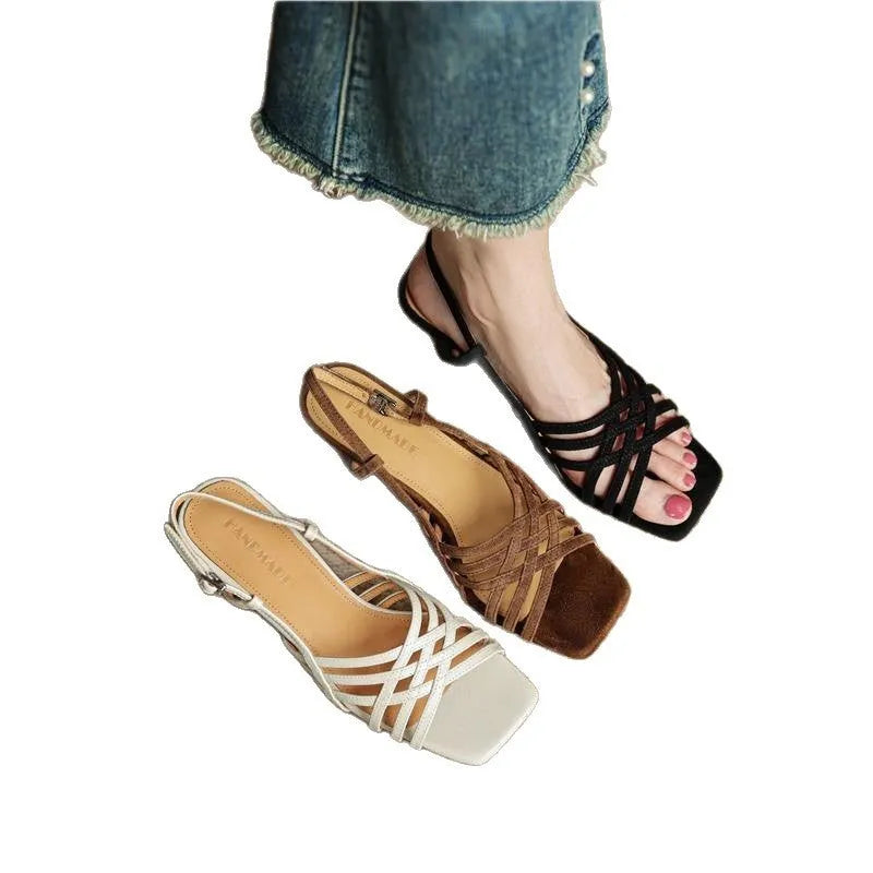 Retro women's sandals with thin cross straps, square toe, ankle buckle, and 3-6cm mid-heel