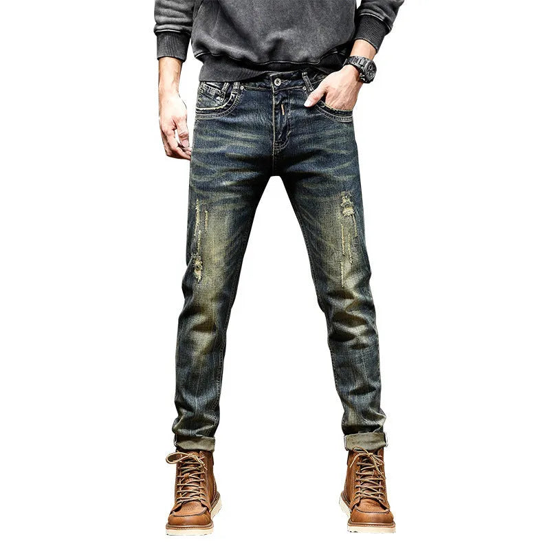 Men's skinny fit jeans in a retro blue colour with a zip fly.