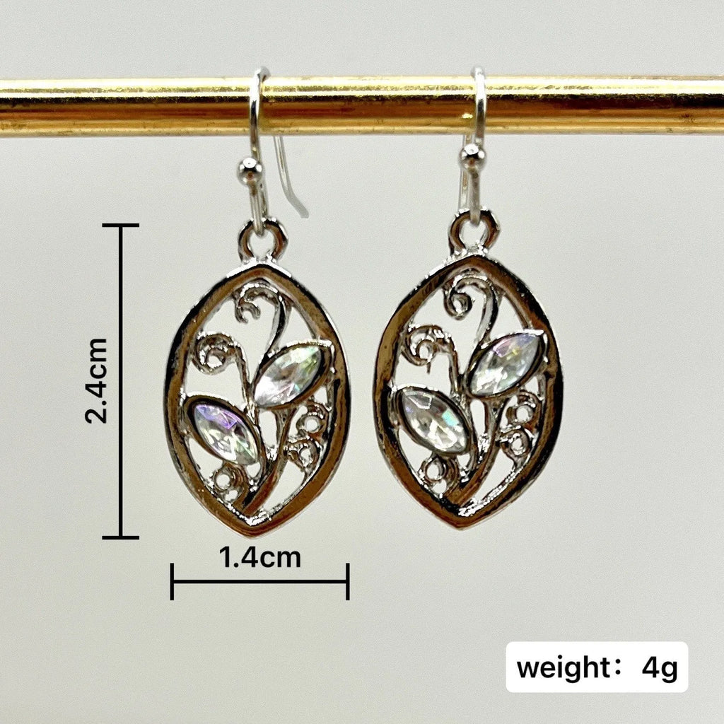 Women's silver alloy earrings with colourful moonstone embedded in leaf design
