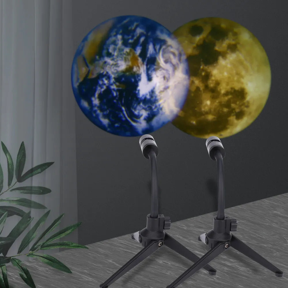White ABS plastic star projector lamp with adjustable hose bracket showing earth and moon projection chips.