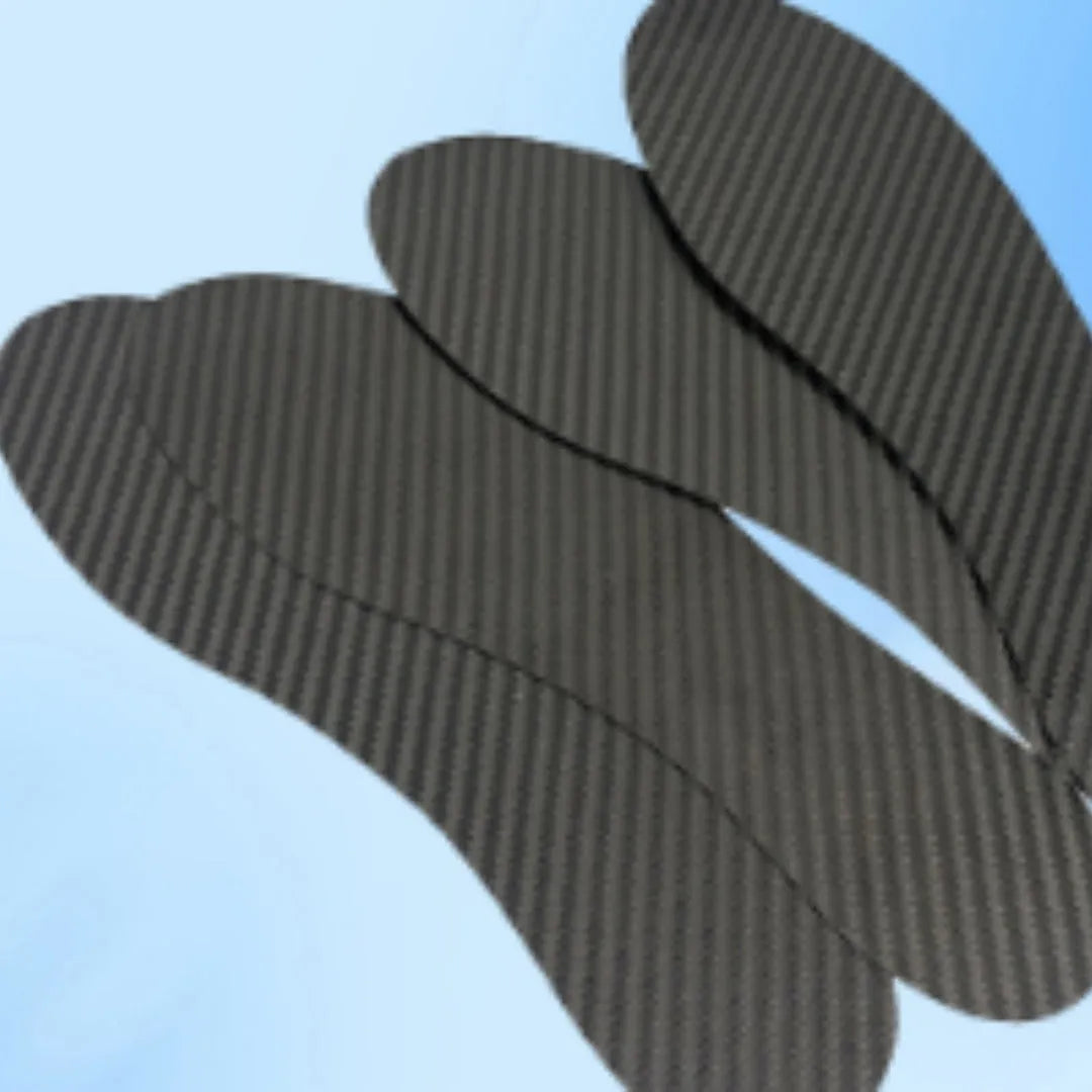 Black 3K carbon fibre insoles for running with shock absorption, showing three thickness options