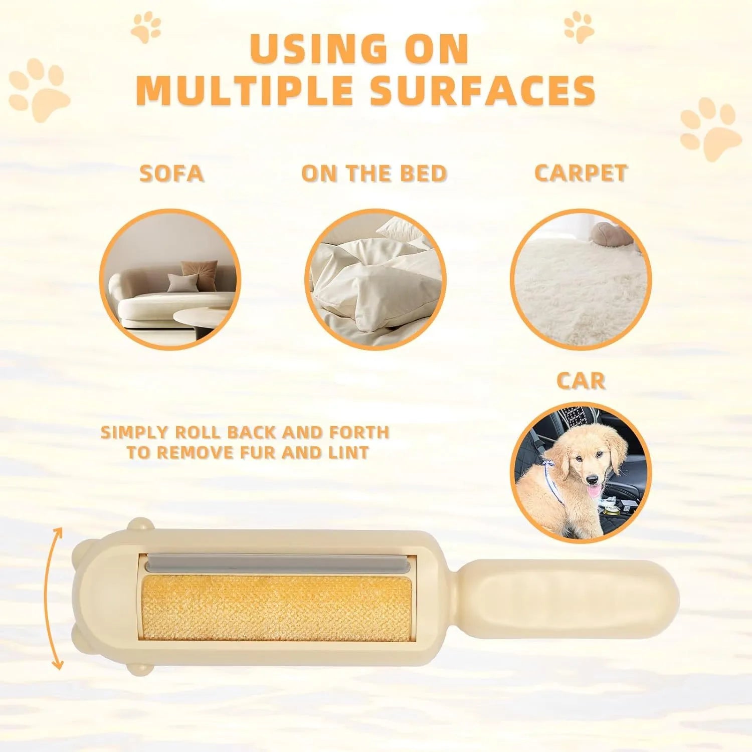 Blue reusable pet hair removal roller with a self-cleaning base on a fabric sofa.