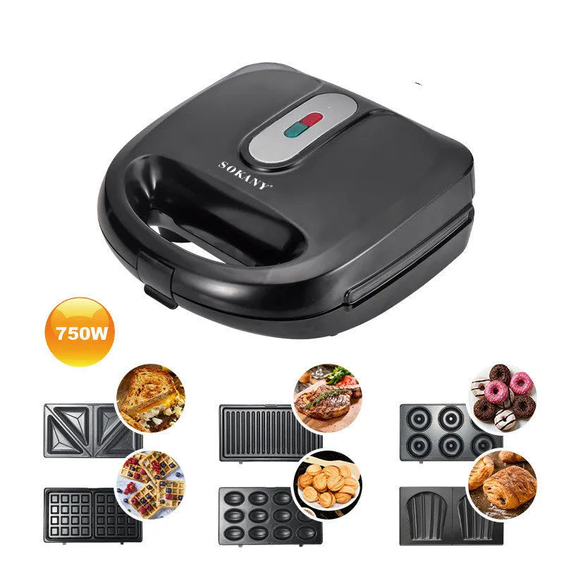 Black electric sandwich pan with brushed stainless steel top cover and exchangeable non-stick baking pans
