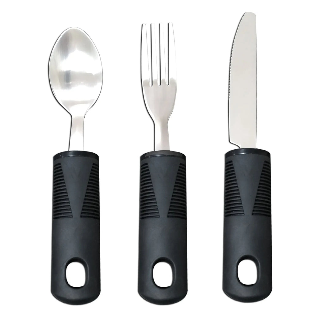 Stainless steel adaptive utensils with rubber handles in black and grey colour options