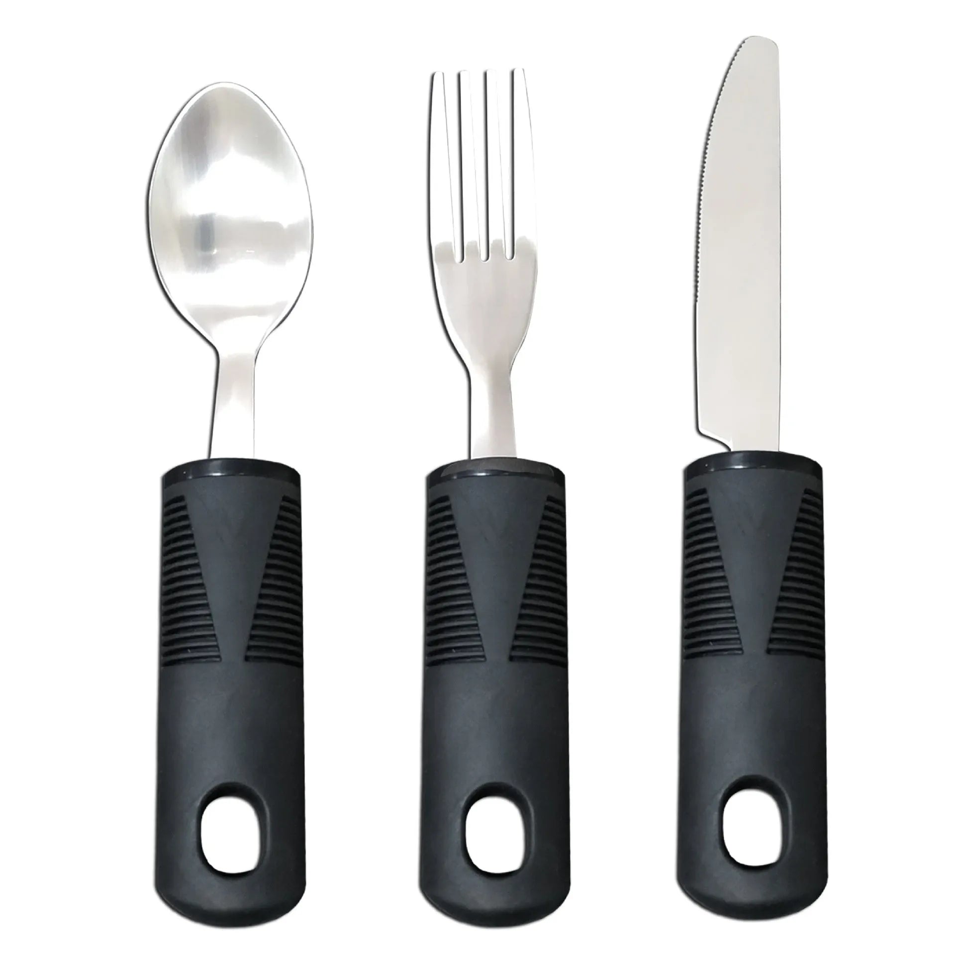 Stainless steel adaptive utensils with rubber handles in black and grey colour options