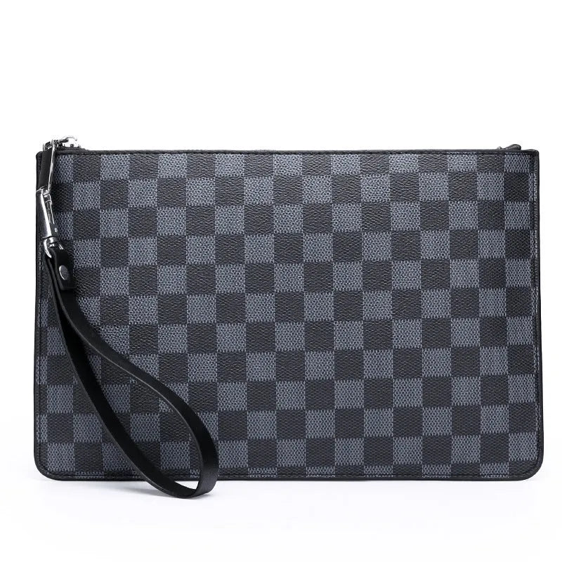 Men's soft PU leather clutch wallet open, showing six card slots, a bill compartment, and a zipper pocket.
